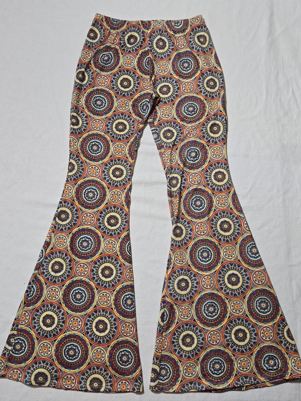 Fashionomics Multicolor Circular Print Flared Leggings - Navy, Orange, Yellow